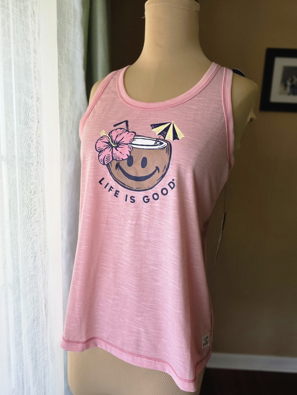 Life is Good Pink Coconut Drink Graphic Tank Top NWT Size M 100% Recycled Poly